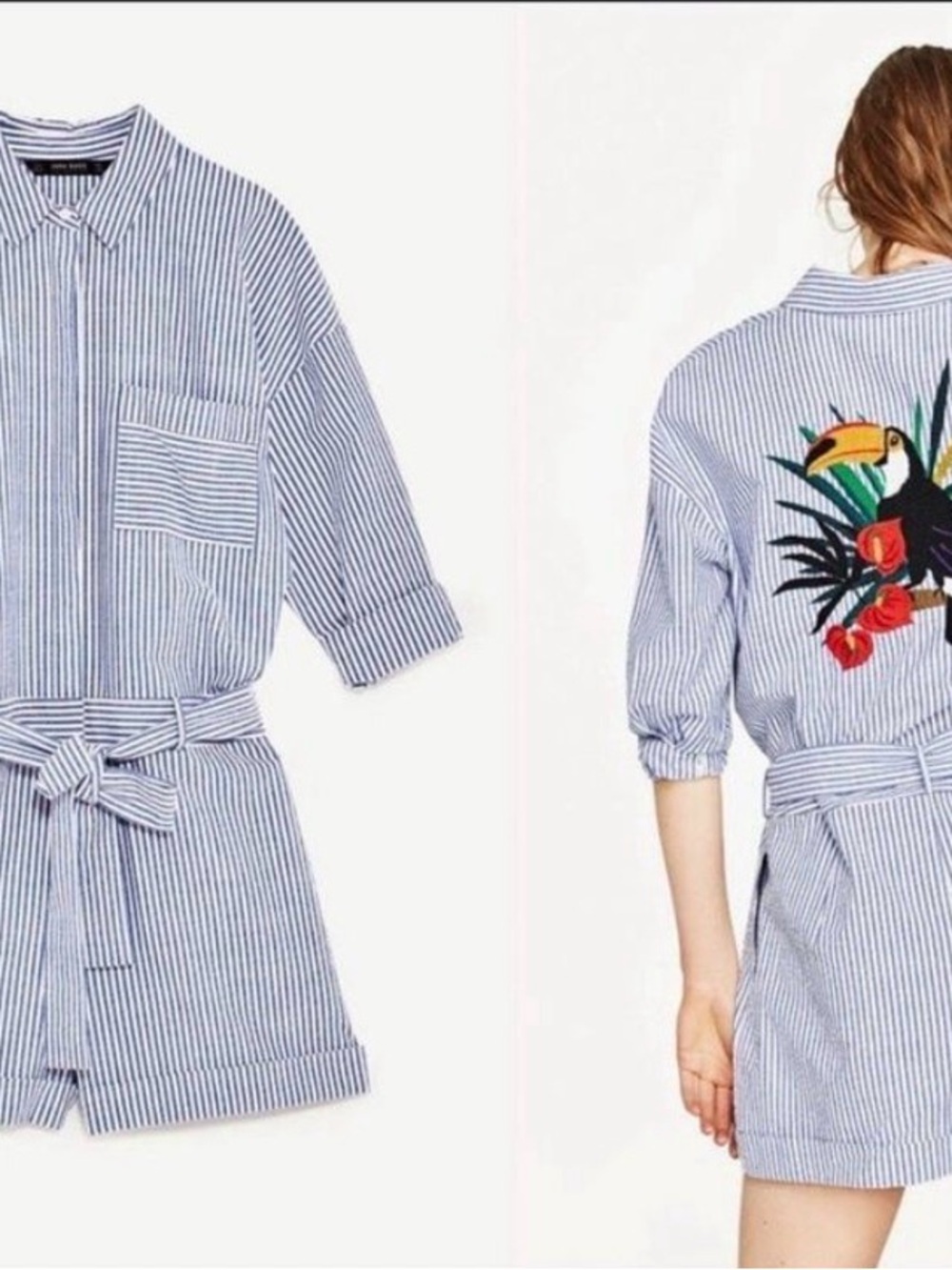 Zara Blue Striped Seer Sucker Romper with Toucan Embroidery - Picture 2 of 7